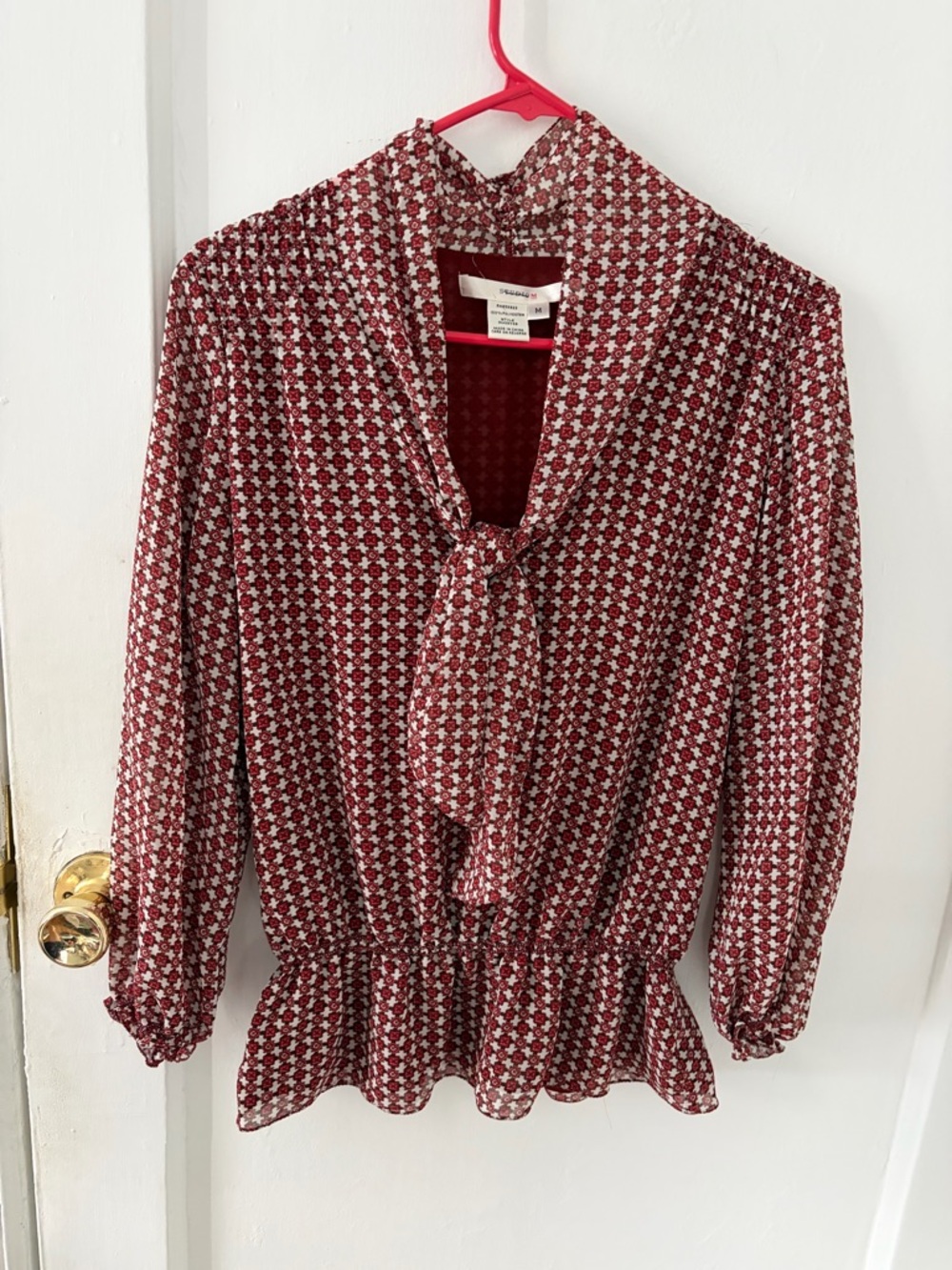 Studio M Burgundy and White Tie-Neck Peplum Blouse